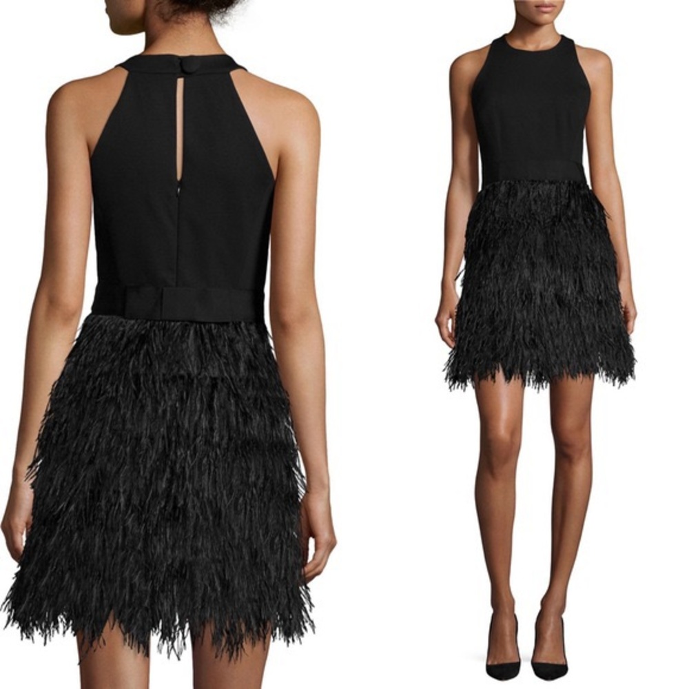 MILLY ostrich feather black mini dress